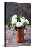 White Ranunculus Flowers Brown Background-Anna Pustynnikova-Stretched Canvas