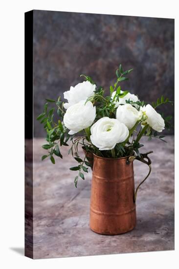 White Ranunculus Flowers Brown Background-Anna Pustynnikova-Stretched Canvas