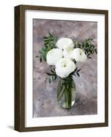 White Ranunculus Flowers in Vase Grey Background-Anna Pustynnikova-Framed Photographic Print