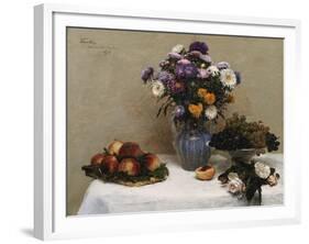 White Roses and Chrysanthemums in a Vase -Peaches and Grapes on a Table with a White Tablecloth;…-Henri Fantin-Latour-Framed Giclee Print