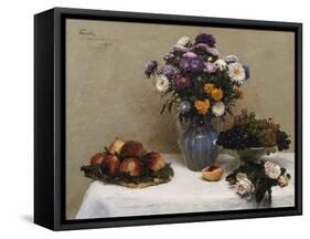 White Roses and Chrysanthemums in a Vase -Peaches and Grapes on a Table with a White Tablecloth;…-Henri Fantin-Latour-Framed Stretched Canvas