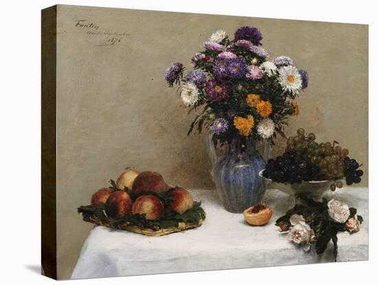 White Roses and Chrysanthemums in a Vase -Peaches and Grapes on a Table with a White Tablecloth;…-Henri Fantin-Latour-Stretched Canvas