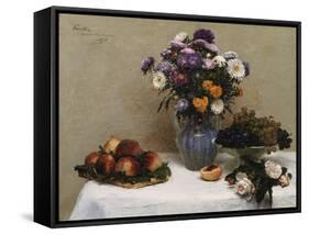 White Roses and Chrysanthemums in a Vase -Peaches and Grapes on a Table with a White Tablecloth;…-Henri Fantin-Latour-Framed Stretched Canvas