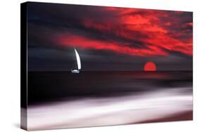 White sailboat and red sunset-Philippe Sainte-Laudy-Stretched Canvas