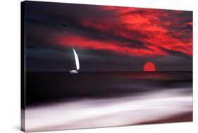 White sailboat and red sunset-Philippe Sainte-Laudy-Stretched Canvas