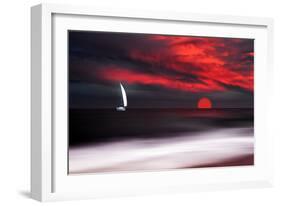 White sailboat and red sunset-Philippe Sainte-Laudy-Framed Premium Photographic Print