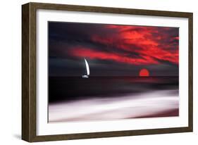 White sailboat and red sunset-Philippe Sainte-Laudy-Framed Photographic Print