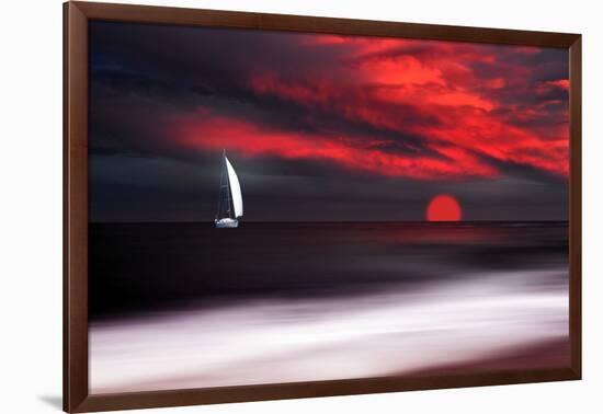 White sailboat and red sunset-Philippe Sainte-Laudy-Framed Photographic Print