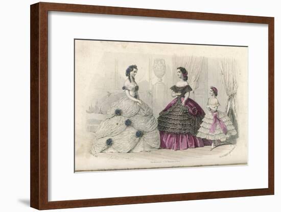 White Silk Ball Dress with 3 Skirts of Tulle Looped up with Blue Daisies-null-Framed Art Print