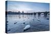 White swans on the Vltava River and the historical Charles Bridge at sunrise, UNESCO World Heritage-Roberto Moiola-Stretched Canvas