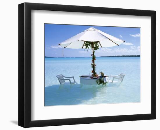 White Table, Chairs and Parasol in the Ocean, Bora Bora (Borabora), Society Islands-Mark Mawson-Framed Photographic Print