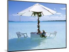 White Table, Chairs and Parasol in the Ocean, Bora Bora (Borabora), Society Islands-Mark Mawson-Mounted Photographic Print