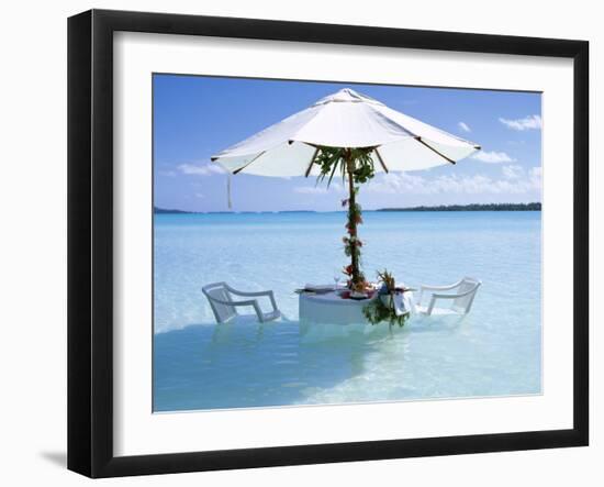 White Table, Chairs and Parasol in the Ocean, Bora Bora (Borabora), Society Islands-Mark Mawson-Framed Photographic Print