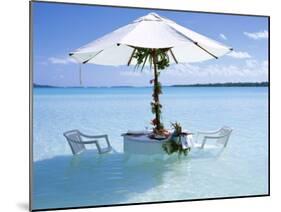 White Table, Chairs and Parasol in the Ocean, Bora Bora (Borabora), Society Islands-Mark Mawson-Mounted Photographic Print