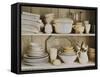 White Tableware and Table Cloths on a Kitchen Shelf-Ellen Silverman-Framed Stretched Canvas