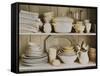 White Tableware and Table Cloths on a Kitchen Shelf-Ellen Silverman-Framed Stretched Canvas
