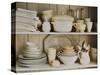 White Tableware and Table Cloths on a Kitchen Shelf-Ellen Silverman-Stretched Canvas