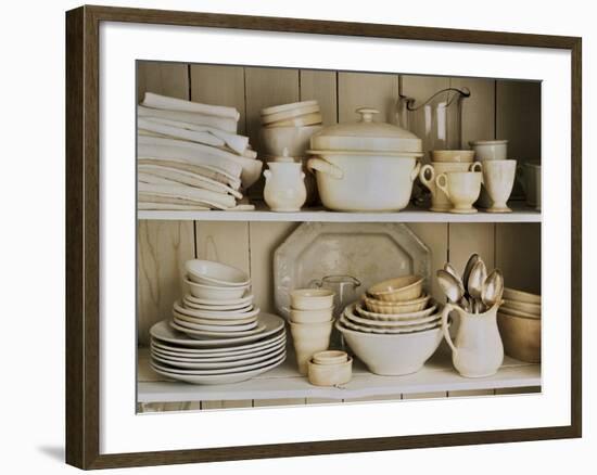 White Tableware and Table Cloths on a Kitchen Shelf-Ellen Silverman-Framed Photographic Print