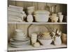 White Tableware and Table Cloths on a Kitchen Shelf-Ellen Silverman-Mounted Photographic Print