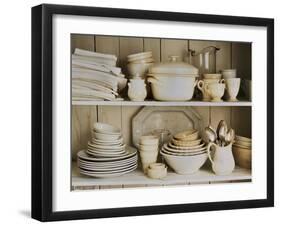 White Tableware and Table Cloths on a Kitchen Shelf-Ellen Silverman-Framed Photographic Print