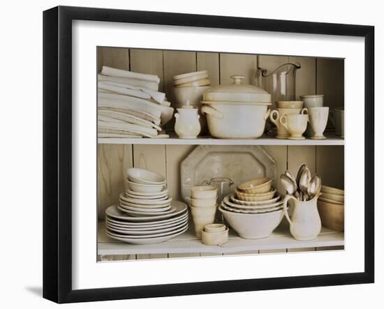 White Tableware and Table Cloths on a Kitchen Shelf-Ellen Silverman-Framed Photographic Print