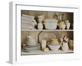 White Tableware and Table Cloths on a Kitchen Shelf-Ellen Silverman-Framed Photographic Print