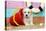 White Teddy Bear Puppy at the Beach in a Bucket-null-Stretched Canvas