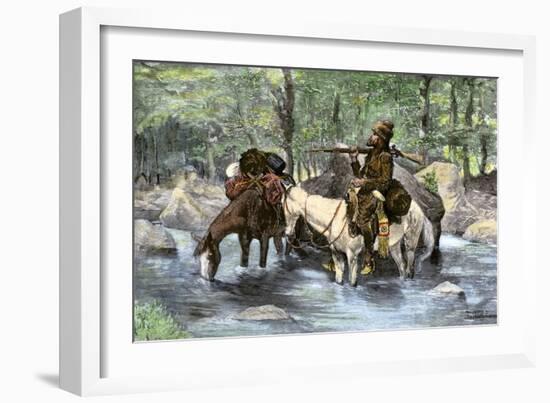 White Trapper Crossing a Mountain Stream-null-Framed Giclee Print
