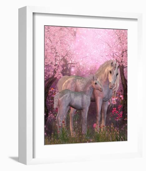 White Unicorn Mare and Foal-null-Framed Art Print