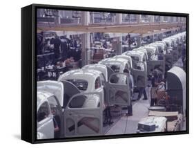 White Volkswagens Coming Down Assembly Line in Brazilian Factory-Paul Schutzer-Framed Stretched Canvas