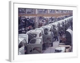 White Volkswagens Coming Down Assembly Line in Brazilian Factory-Paul Schutzer-Framed Photographic Print