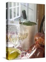 White Wine Bottle in Ice Bucket, Wine Glasses, Lobster, Lemon-null-Stretched Canvas