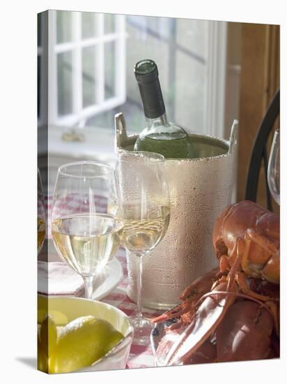 White Wine Bottle in Ice Bucket, Wine Glasses, Lobster, Lemon-null-Stretched Canvas