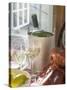 White Wine Bottle in Ice Bucket, Wine Glasses, Lobster, Lemon-null-Stretched Canvas