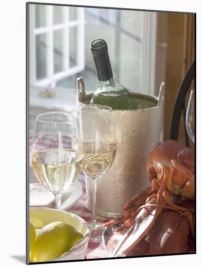 White Wine Bottle in Ice Bucket, Wine Glasses, Lobster, Lemon-null-Mounted Photographic Print