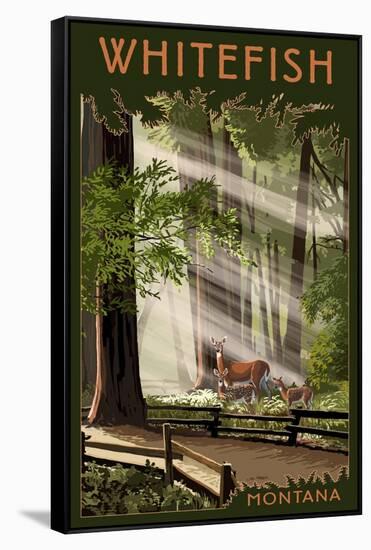 Whitefish, Montana - Deer and Fawns-Lantern Press-Framed Stretched Canvas