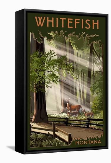 Whitefish, Montana - Deer and Fawns-Lantern Press-Framed Stretched Canvas