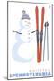 Whitetail, Pennsylvania, Snowman with Skis-Lantern Press-Mounted Art Print