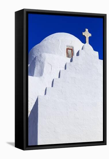 Whitewashed Panagia Paraportiani, Mykonos most famous church, under a blue sky, Mykonos Town (Chora-Eleanor Scriven-Framed Stretched Canvas