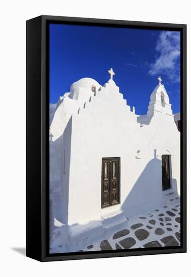 Whitewashed Panagia Paraportiani, Mykonos most famous church, under a blue sky, Mykonos Town (Chora-Eleanor Scriven-Framed Stretched Canvas