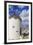 Whitewashed windmill and houses, Mykonos Town (Chora), Mykonos, Cyclades, Greek Islands, Greece, Eu-Eleanor Scriven-Framed Premium Photographic Print