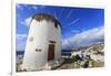 Whitewashed windmill, view of Mykonos Town (Chora) and cruise ships in distance, Mykonos, Cyclades,-Eleanor Scriven-Framed Photographic Print