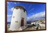 Whitewashed windmill, view of Mykonos Town (Chora) and cruise ships in distance, Mykonos, Cyclades,-Eleanor Scriven-Framed Photographic Print