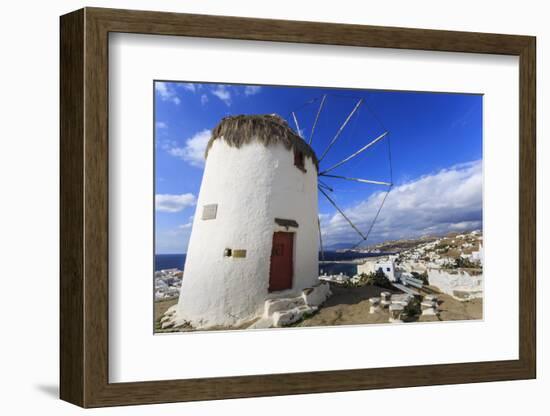 Whitewashed windmill, view of Mykonos Town (Chora) and cruise ships in distance, Mykonos, Cyclades,-Eleanor Scriven-Framed Photographic Print
