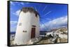 Whitewashed windmill, view of Mykonos Town (Chora) and cruise ships in distance, Mykonos, Cyclades,-Eleanor Scriven-Framed Stretched Canvas