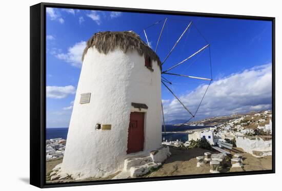 Whitewashed windmill, view of Mykonos Town (Chora) and cruise ships in distance, Mykonos, Cyclades,-Eleanor Scriven-Framed Stretched Canvas