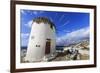 Whitewashed windmill, view of Mykonos Town (Chora) and cruise ships in distance, Mykonos, Cyclades,-Eleanor Scriven-Framed Photographic Print