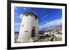 Whitewashed windmill, view of Mykonos Town (Chora) and cruise ships in distance, Mykonos, Cyclades,-Eleanor Scriven-Framed Photographic Print