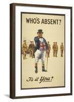 Who's Absent ?" Is It You ? a Recriutment Poster Showing 'John Bull' Pointing His Finger-null-Framed Giclee Print
