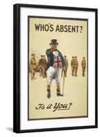 Who's Absent ?" Is It You ? a Recriutment Poster Showing 'John Bull' Pointing His Finger-null-Framed Giclee Print